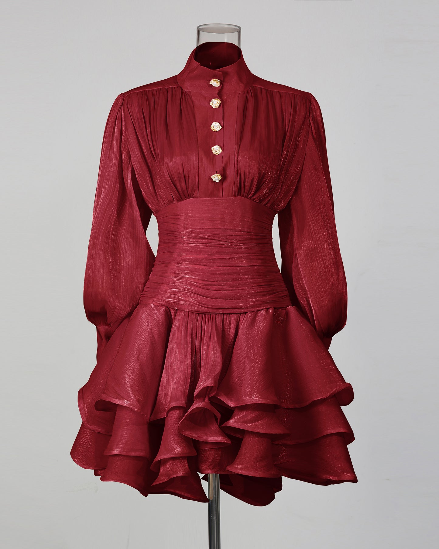 Red Shimmer Puff Sleeve Ruffled Mini Dress