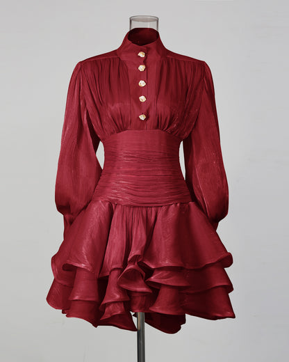 Red Shimmer Puff Sleeve Ruffled Mini Dress