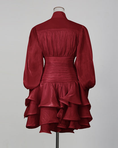 Red Shimmer Puff Sleeve Ruffled Mini Dress