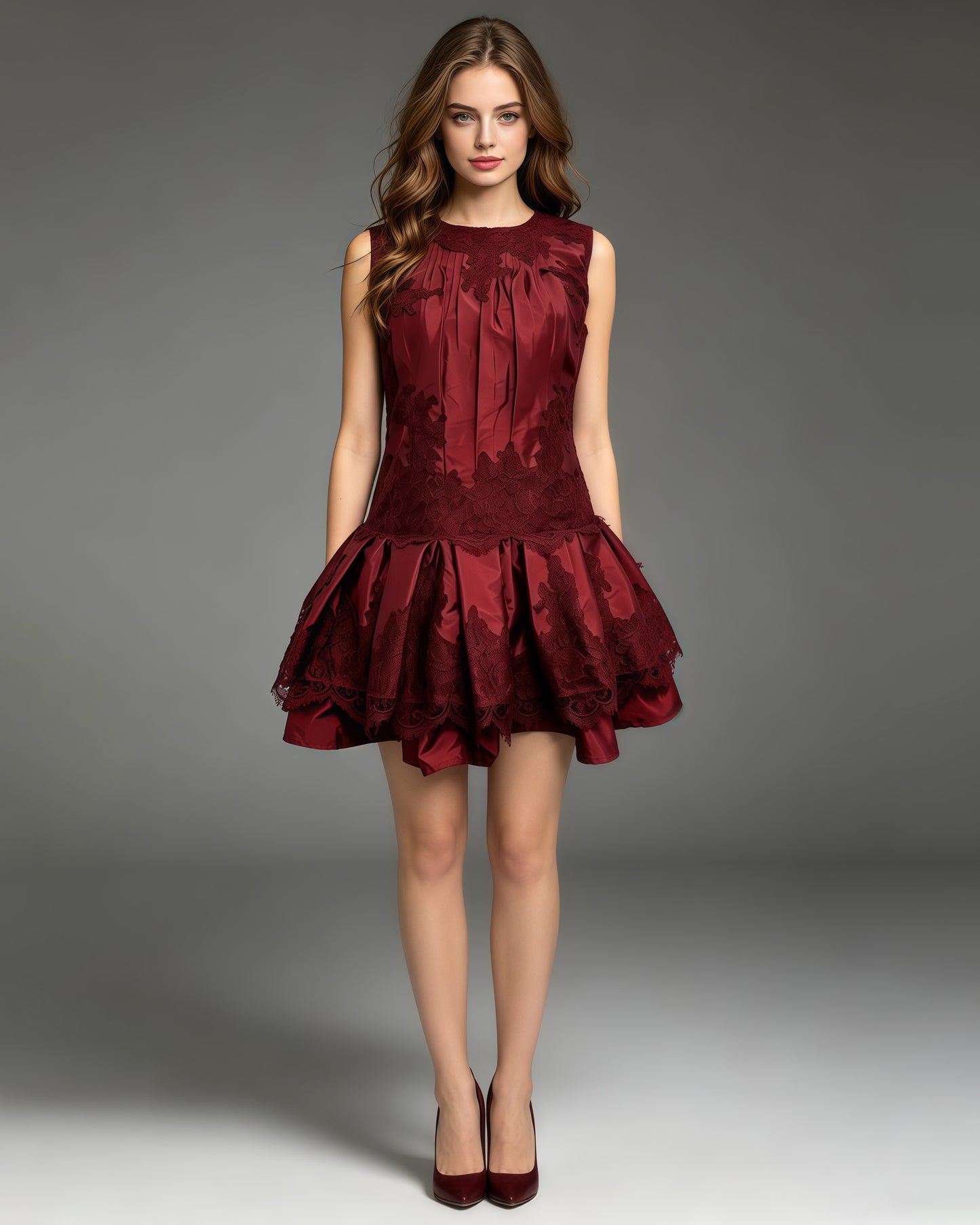 Red Sleeveless Lace Patch Satin Bubble Mini Dress