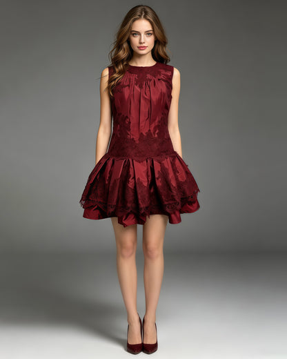 Red Sleeveless Lace Patch Satin Bubble Mini Dress