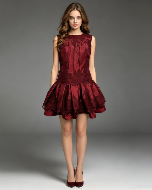 Red Sleeveless Lace Patch Satin Bubble Mini Dress