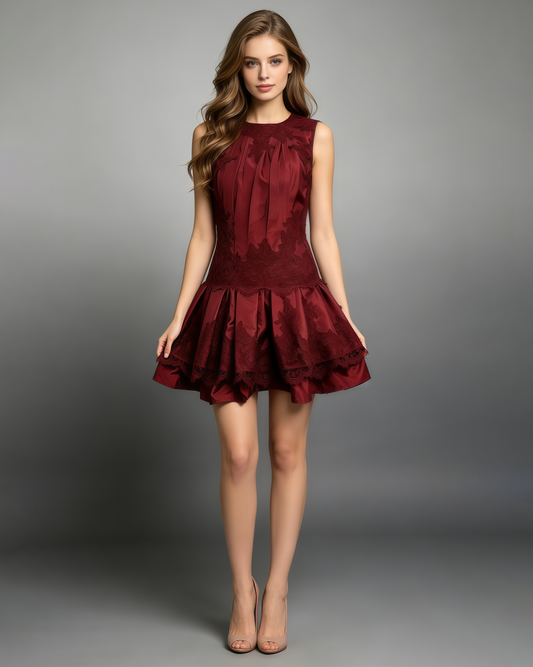 Red Sleeveless Lace Patch Satin Bubble Mini Dress