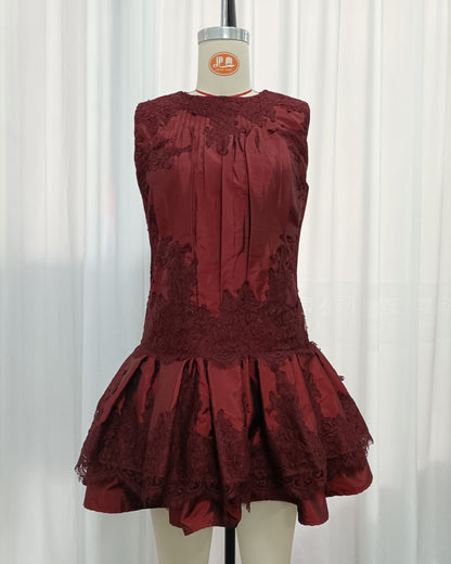 Red Sleeveless Lace Patch Satin Bubble Mini Dress