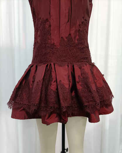 Red Sleeveless Lace Patch Satin Bubble Mini Dress