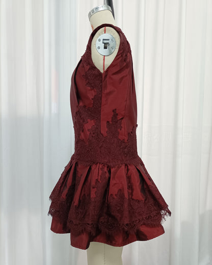 Red Sleeveless Lace Patch Satin Bubble Mini Dress
