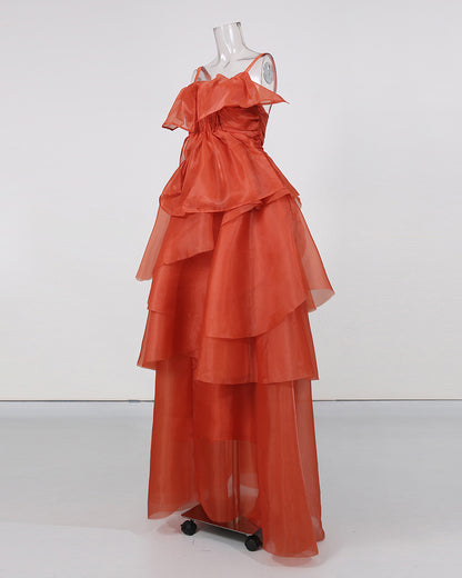 Red Spaghetti Strap Ruffle Tiered Maxi Dress