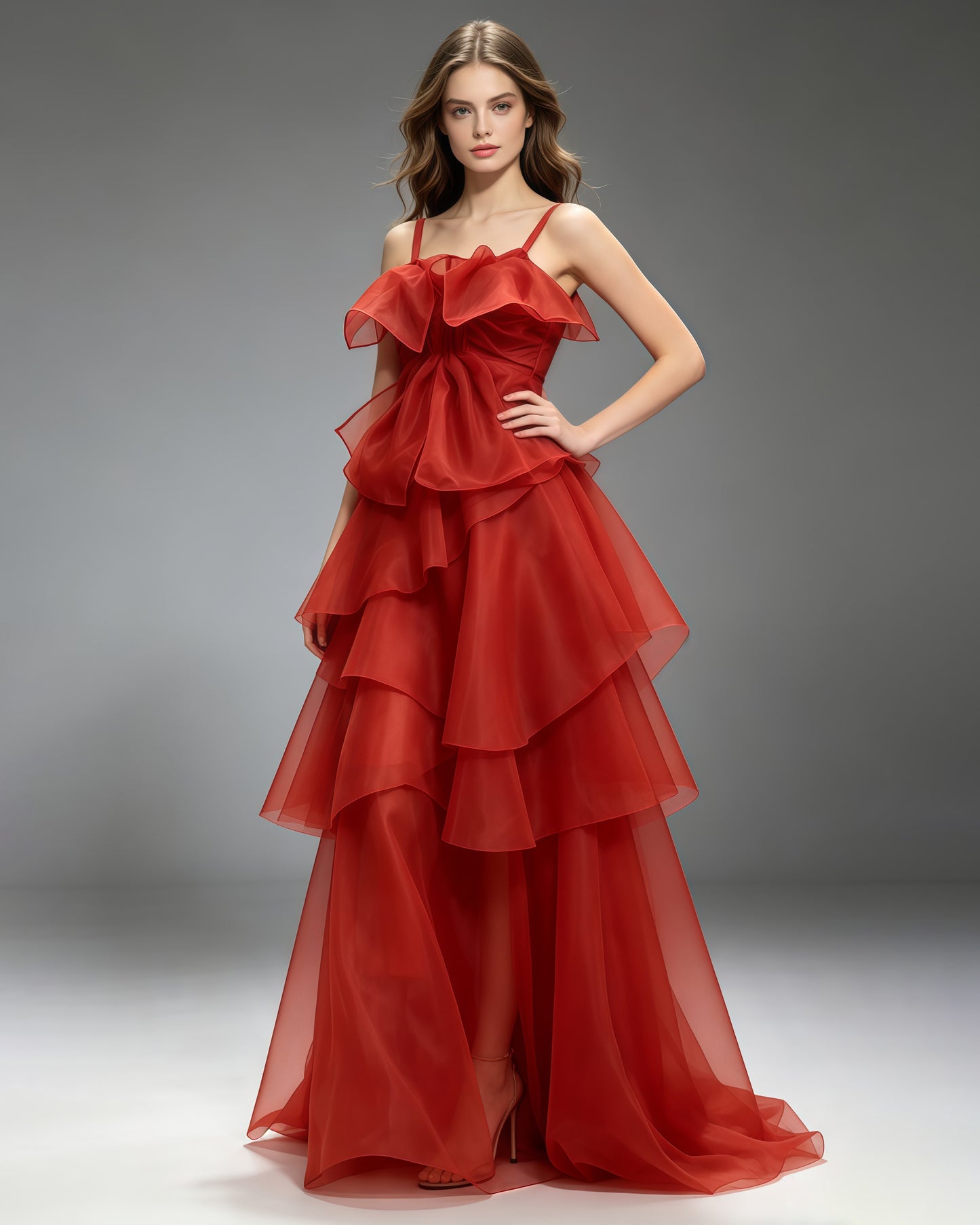 Red Spaghetti Strap Ruffle Tiered Maxi Dress