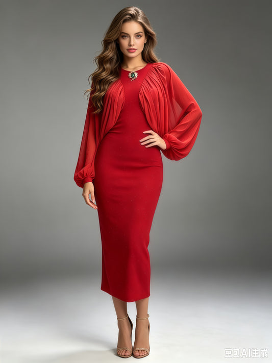 Red Sparkly Sheer Chiffon Lantern Sleeves Midi Dress