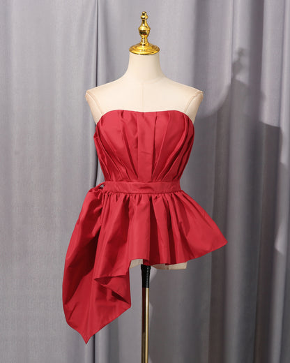 Red Strapless Asymmetric Peplum Blouse