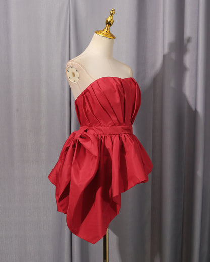 Red Strapless Asymmetric Peplum Blouse