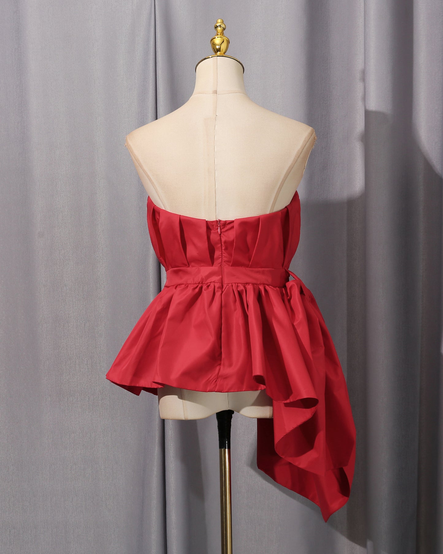 Red Strapless Asymmetric Peplum Blouse