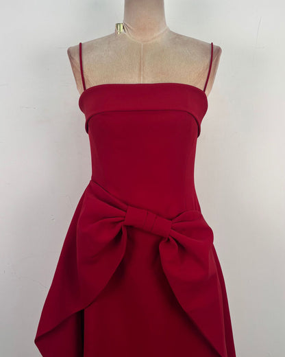 Red Strapless Bow Waist A-Line Evening Gown