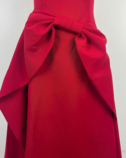 Red Strapless Bow Waist A-Line Evening Gown
