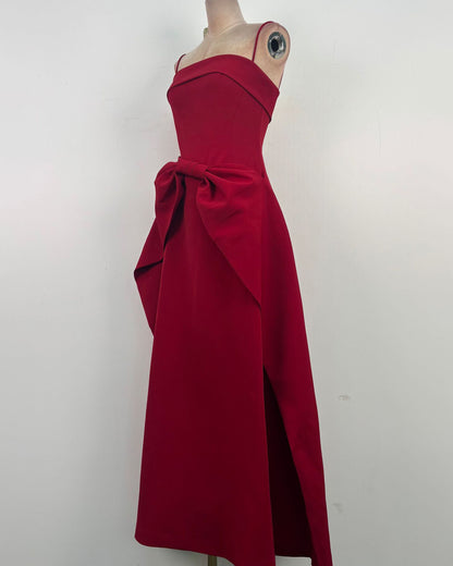 Red Strapless Bow Waist A-Line Evening Gown