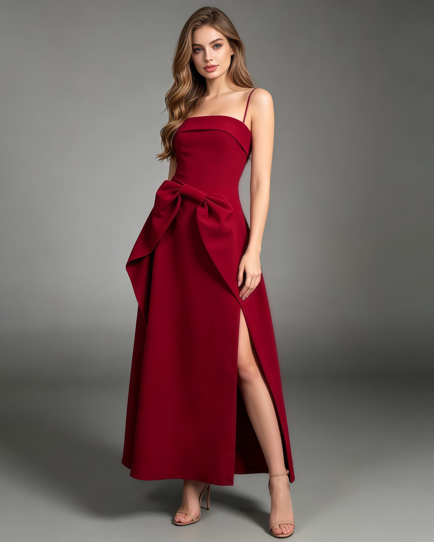Red Strapless Bow Waist A-Line Evening Gown