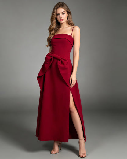 Red Strapless Bow Waist A-Line Evening Gown