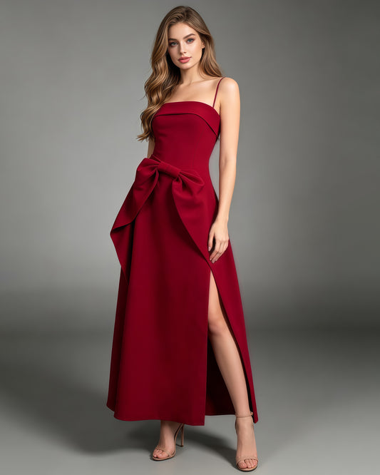 Red Strapless Bow Waist A-Line Evening Gown