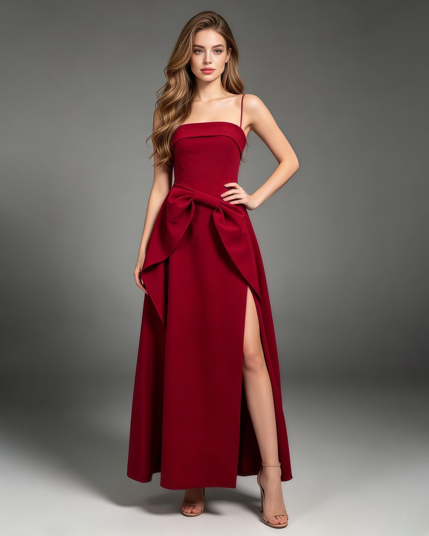 Red Strapless Bow Waist A-Line Evening Gown