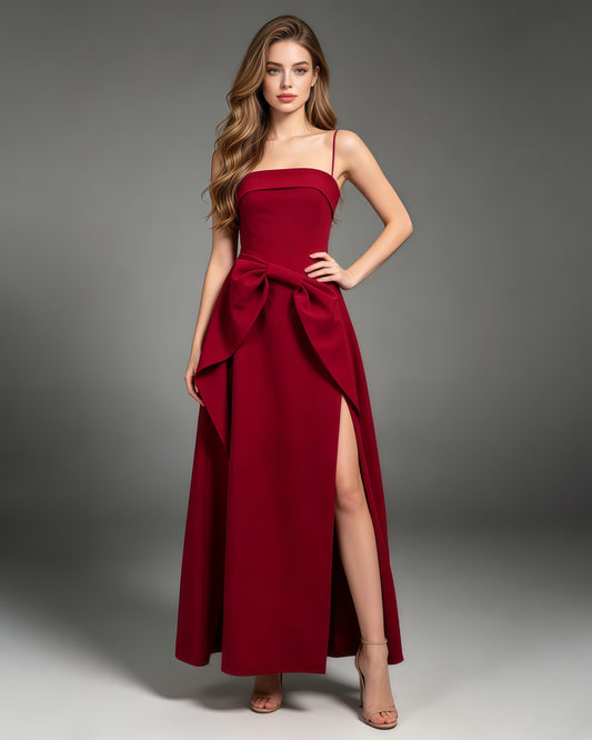 Red Strapless Bow Waist A-Line Evening Gown