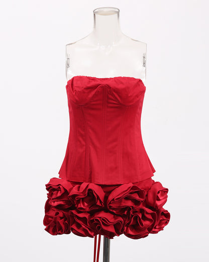 Red Strapless Floral Mini Dress