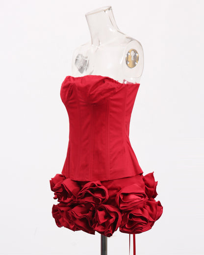 Red Strapless Floral Mini Dress