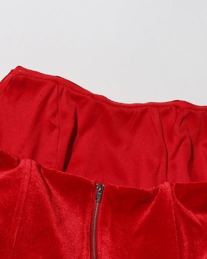 Red Strapless Velvet Dress with 3D Rose Hem