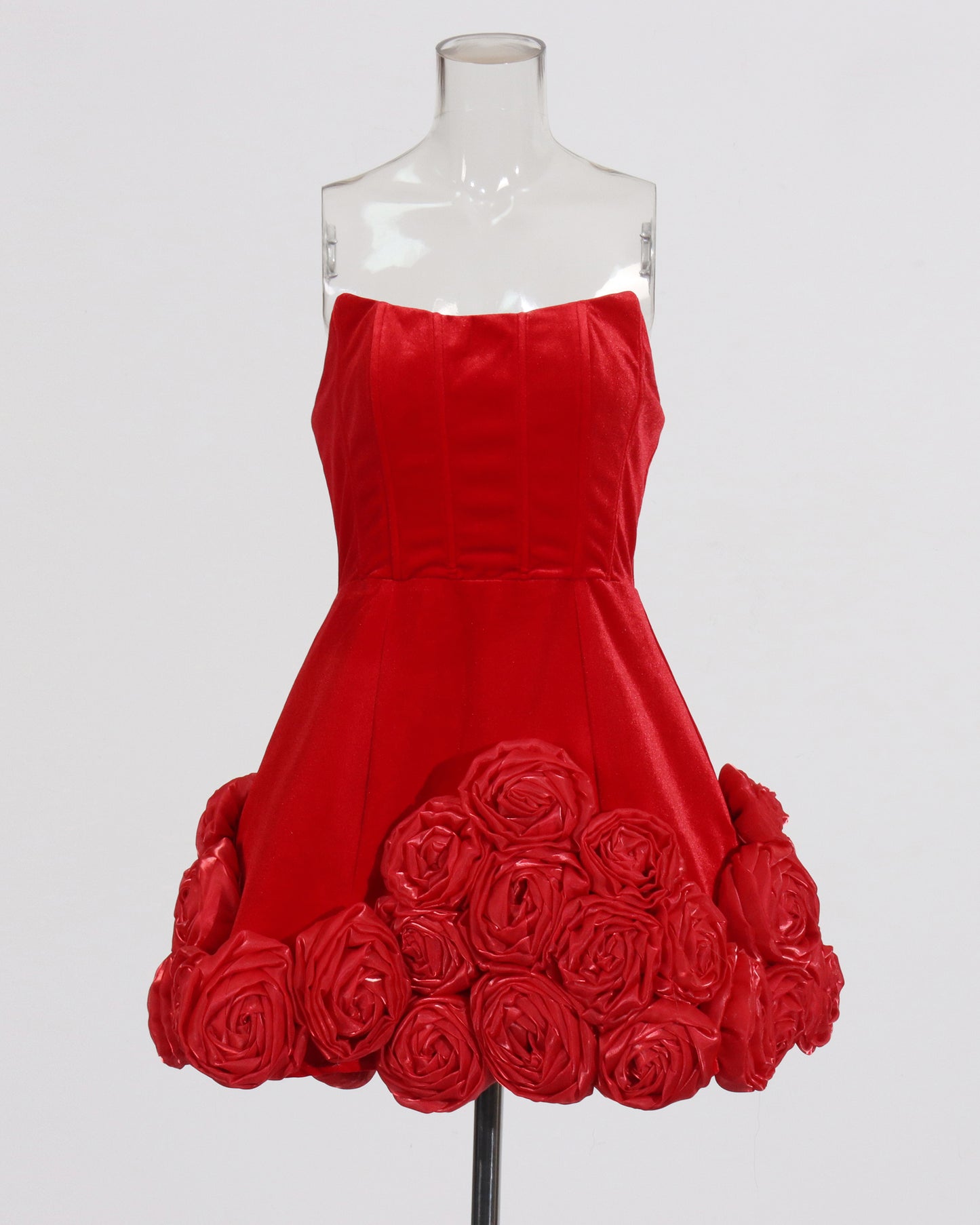 Red Strapless Velvet Dress with 3D Rose Hem