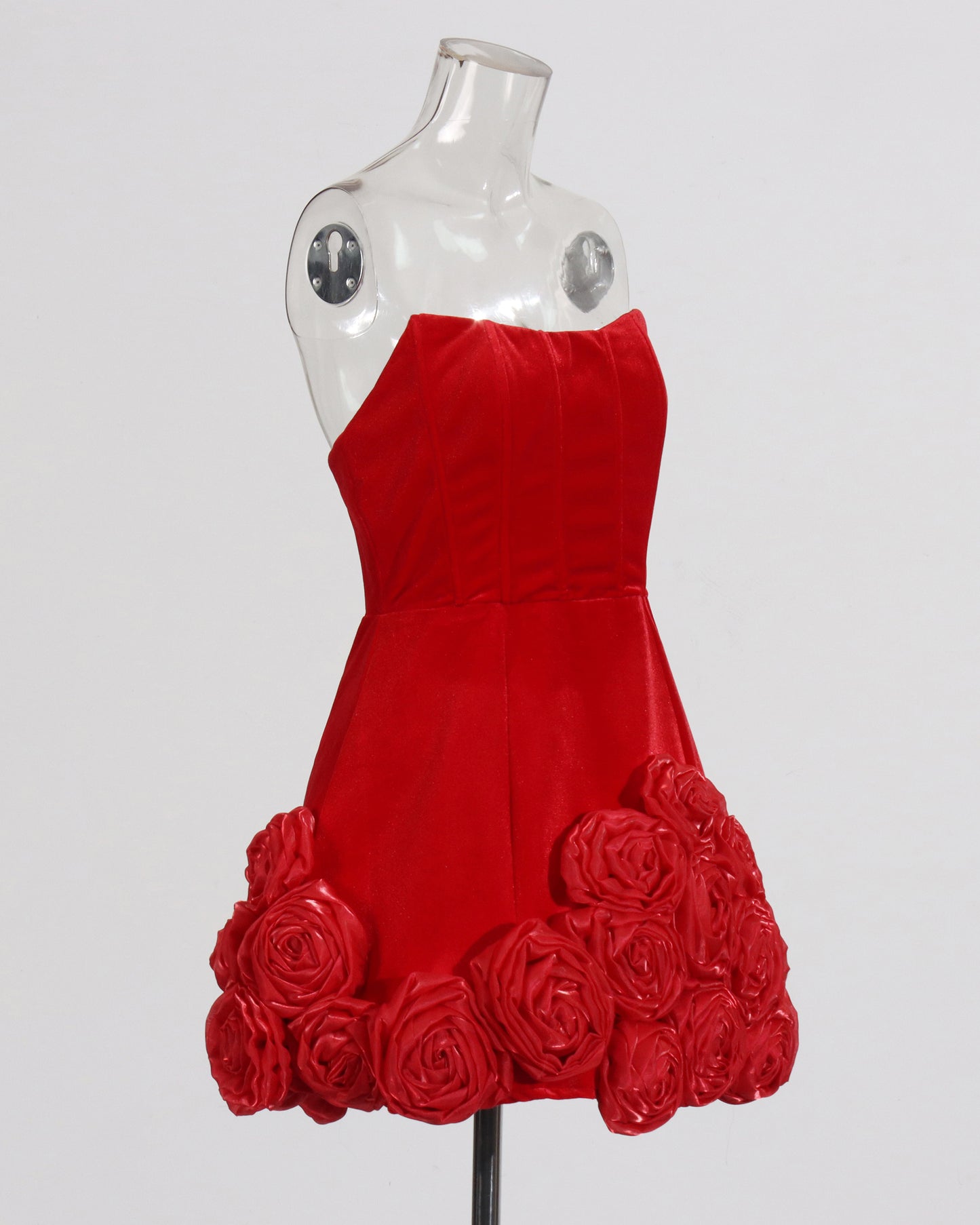 Red Strapless Velvet Dress with 3D Rose Hem