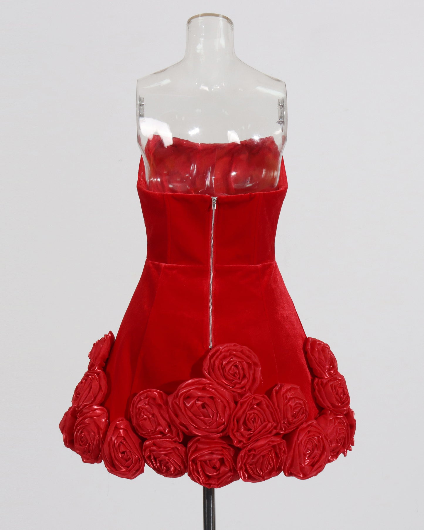 Red Strapless Velvet Dress with 3D Rose Hem