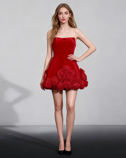 Red Strapless Velvet Dress with 3D Rose Hem