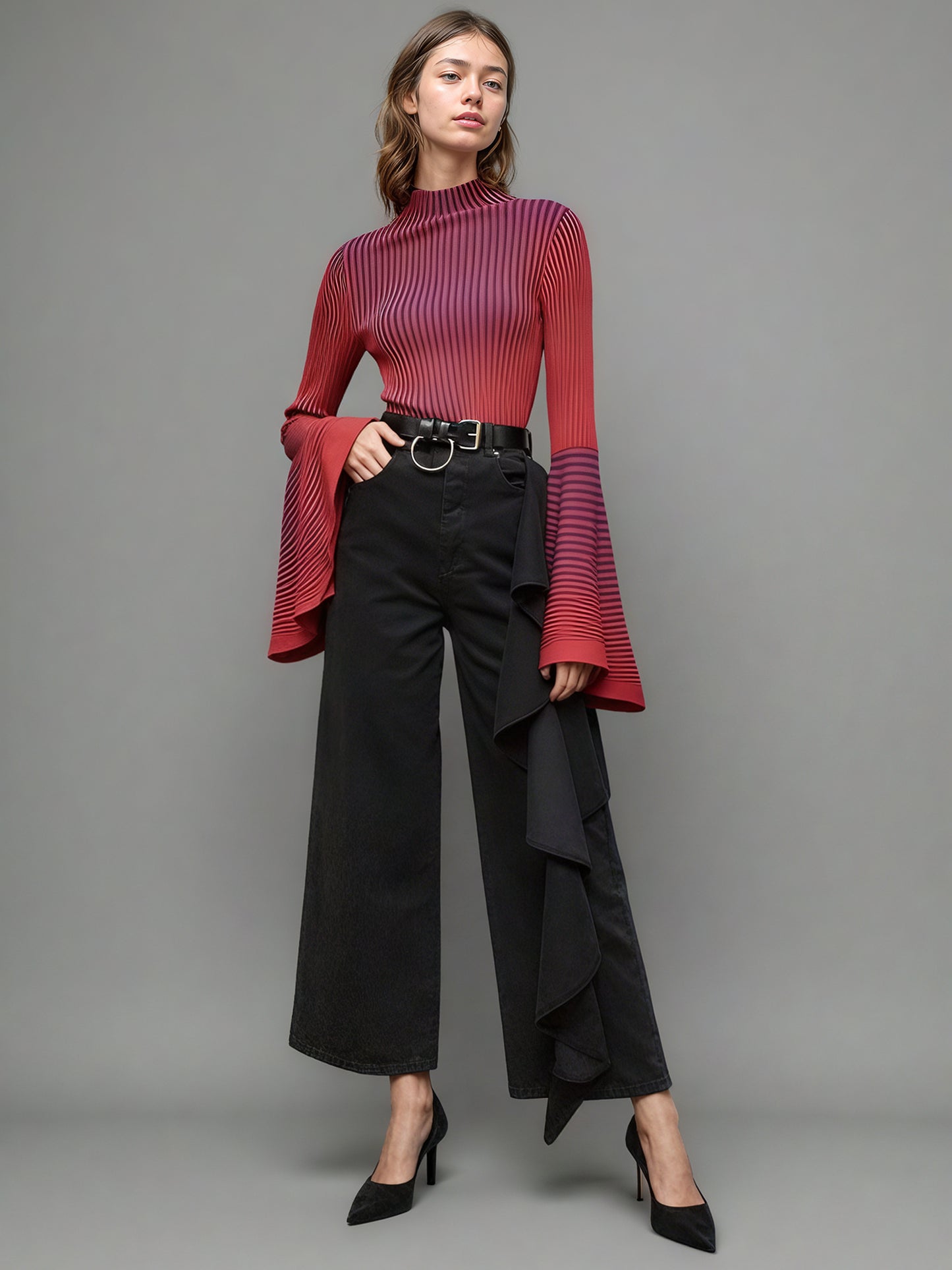 Red Striped Knit Sweater with Bell Sleeve Detail