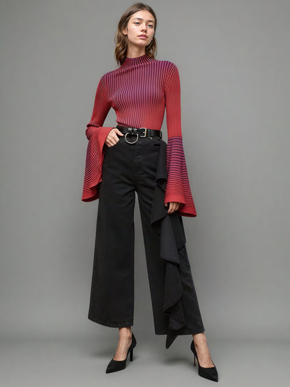 Red Striped Knit Sweater with Bell Sleeve Detail