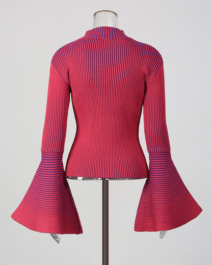 Red Striped Knit Sweater with Bell Sleeve