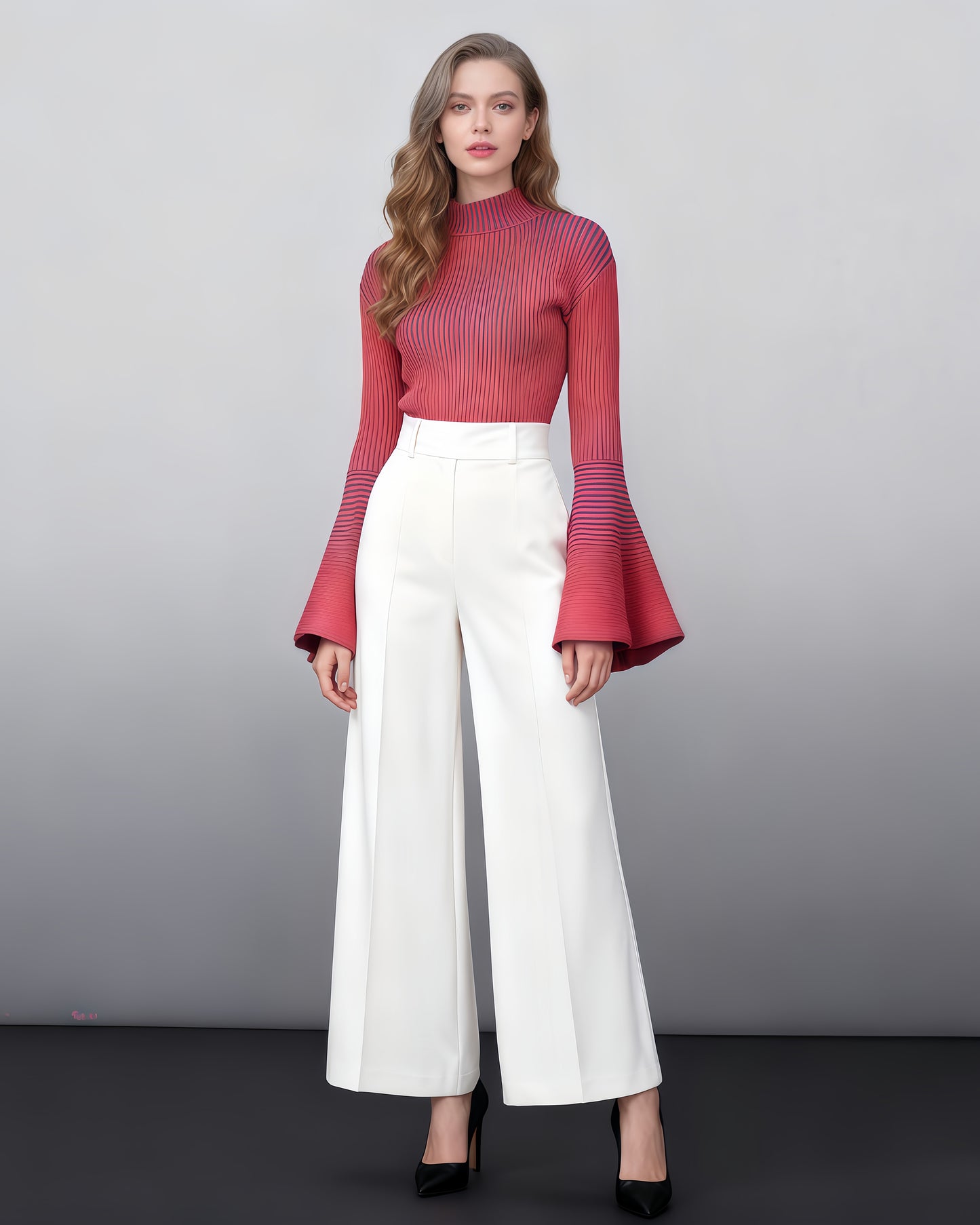 Red Striped Knit Sweater with Bell Sleeve