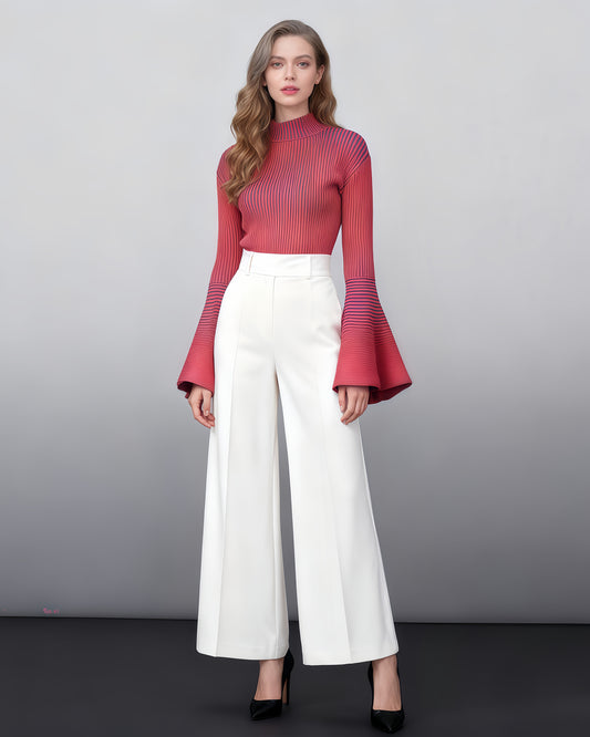 Red Striped Knit Sweater with Bell Sleeve