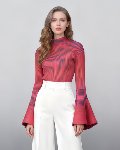Red Striped Knit Sweater with Bell Sleeve