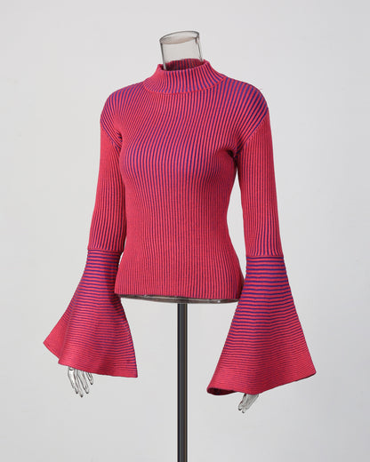 Red Striped Knit Sweater with Bell Sleeve