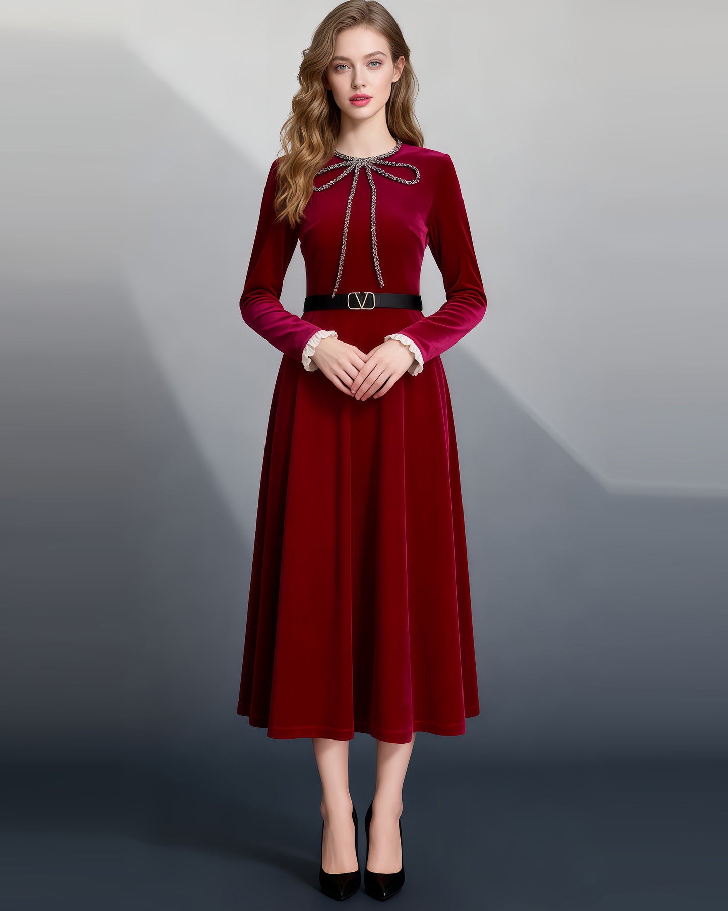 Red Velvet Midi Dress with Rhinestone Bow & Belt