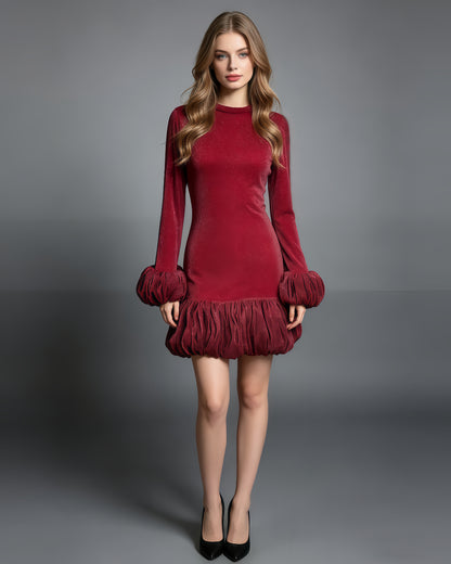 Red Velvet Puff Cuff Bubble Hem Mini Dress