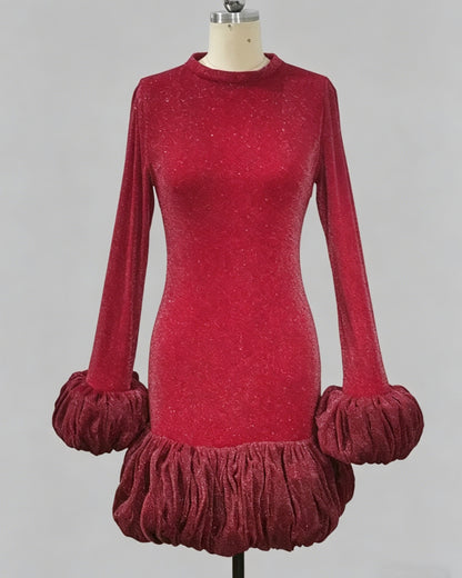 Red Velvet Puff Cuff Bubble Hem Mini Dress
