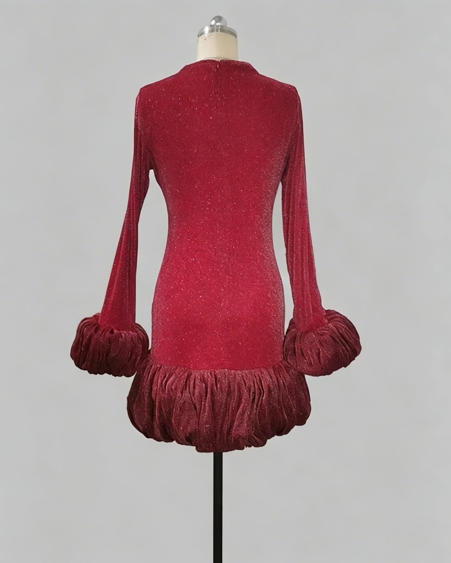 Red Velvet Puff Cuff Bubble Hem Mini Dress