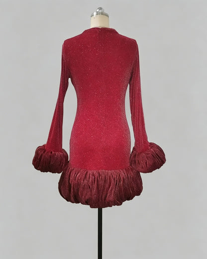 Red Velvet Puff Cuff Bubble Hem Mini Dress
