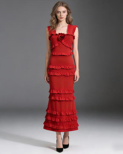 Red 3D Flower Tiered Maxi Dress