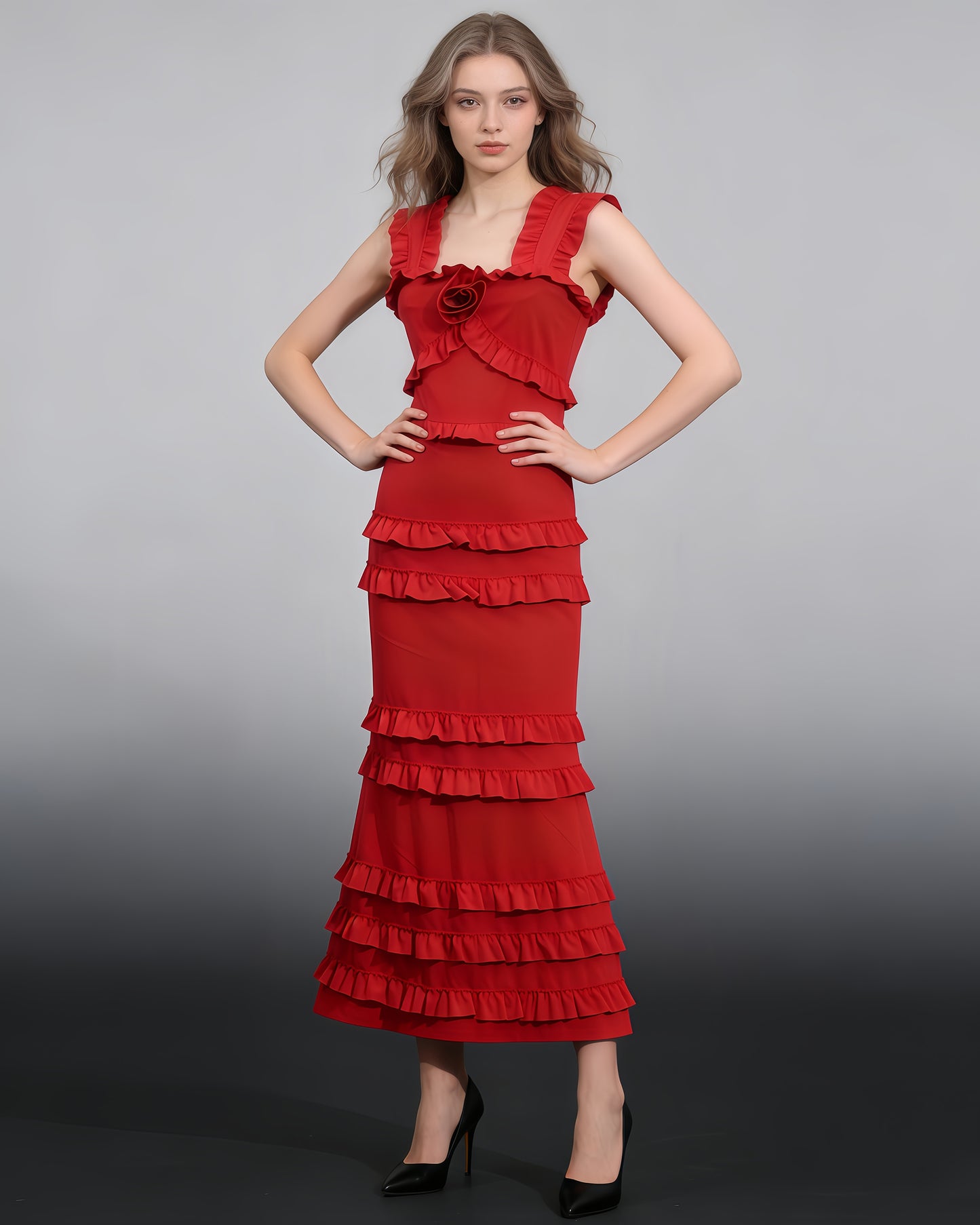 Red 3D Flower Tiered Maxi Dress