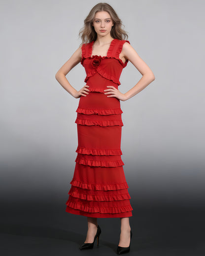 Red 3D Flower Tiered Maxi Dress