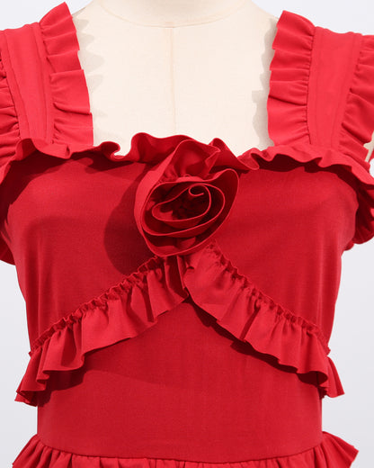 Red 3D Flower Tiered Maxi Dress