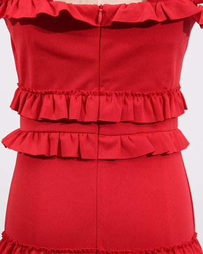 Red 3D Flower Tiered Maxi Dress