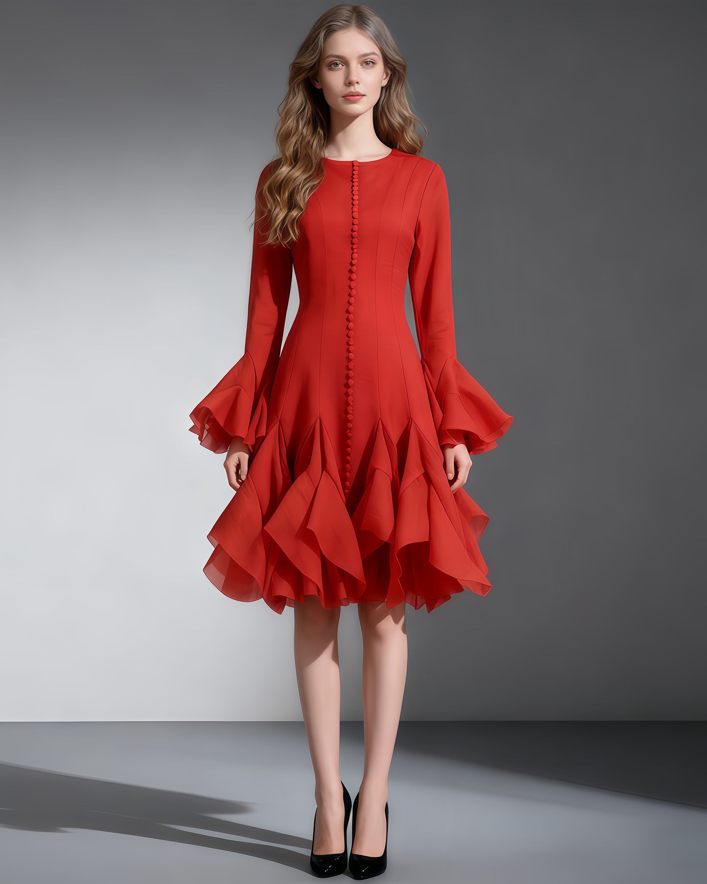 Red Bell Sleeve Ruffled Long Dress with Button Front