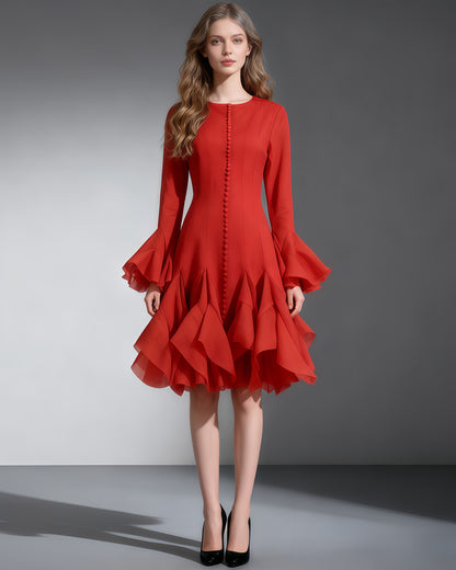 Red Bell Sleeve Ruffled Long Dress with Button Front